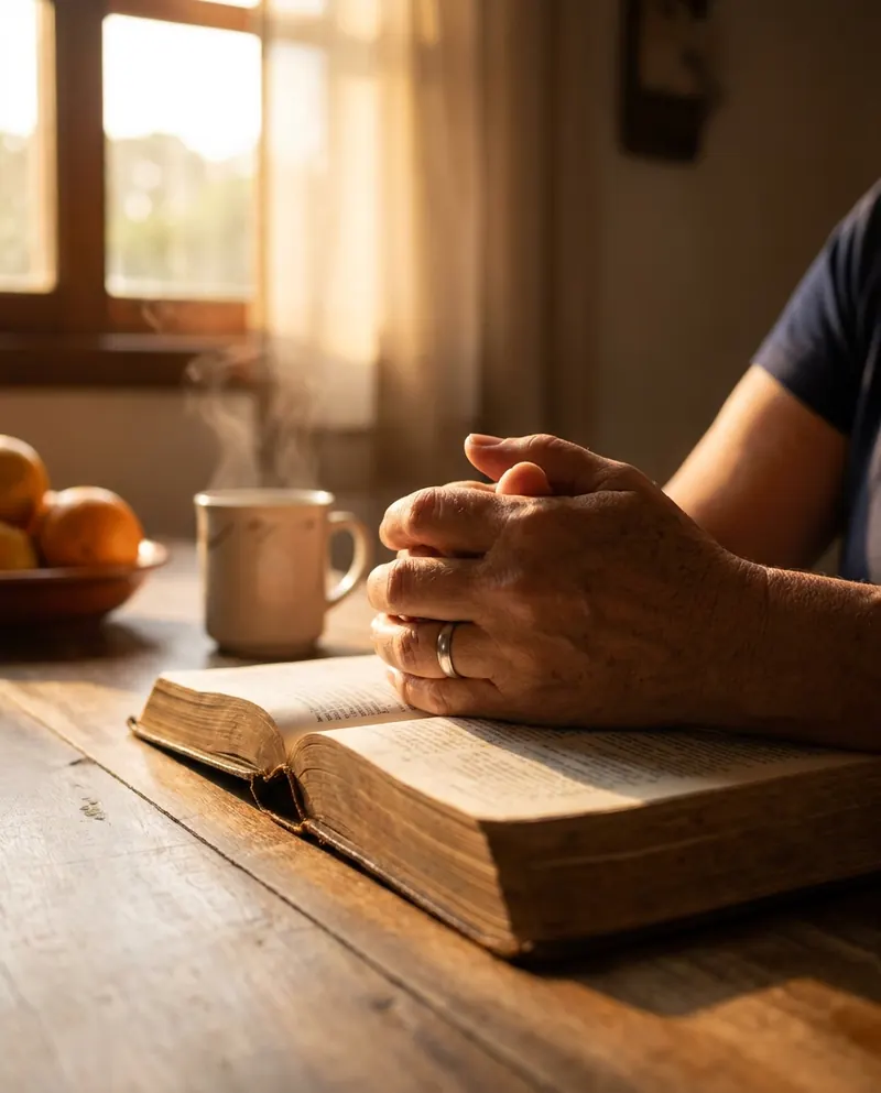 Mãos em oração sobre uma Bíblia aberta na mesa da cozinha, com uma xícara de café e a luz da manhã